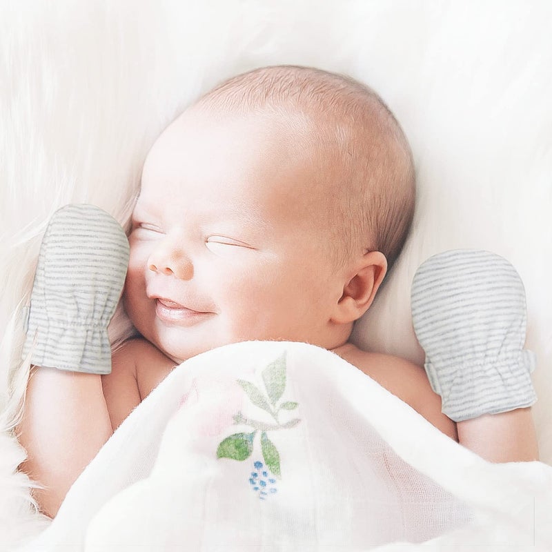 Reyow Newborn Baby No Scratch Mittens Stay On, 100% Cotton Breathable, Adjustable Infant Gloves for Baby Boys Girls Mittens (Khaki/Blue/Gary Stripe, 0-3 Months) - Image 3
